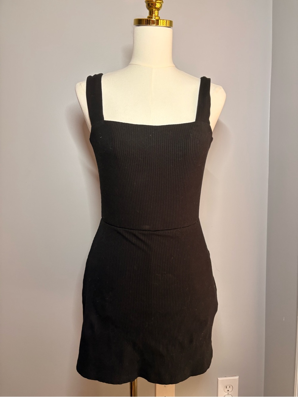 VS PINK Classic Black Ribbed Square-Neck Mini Dress with shorts